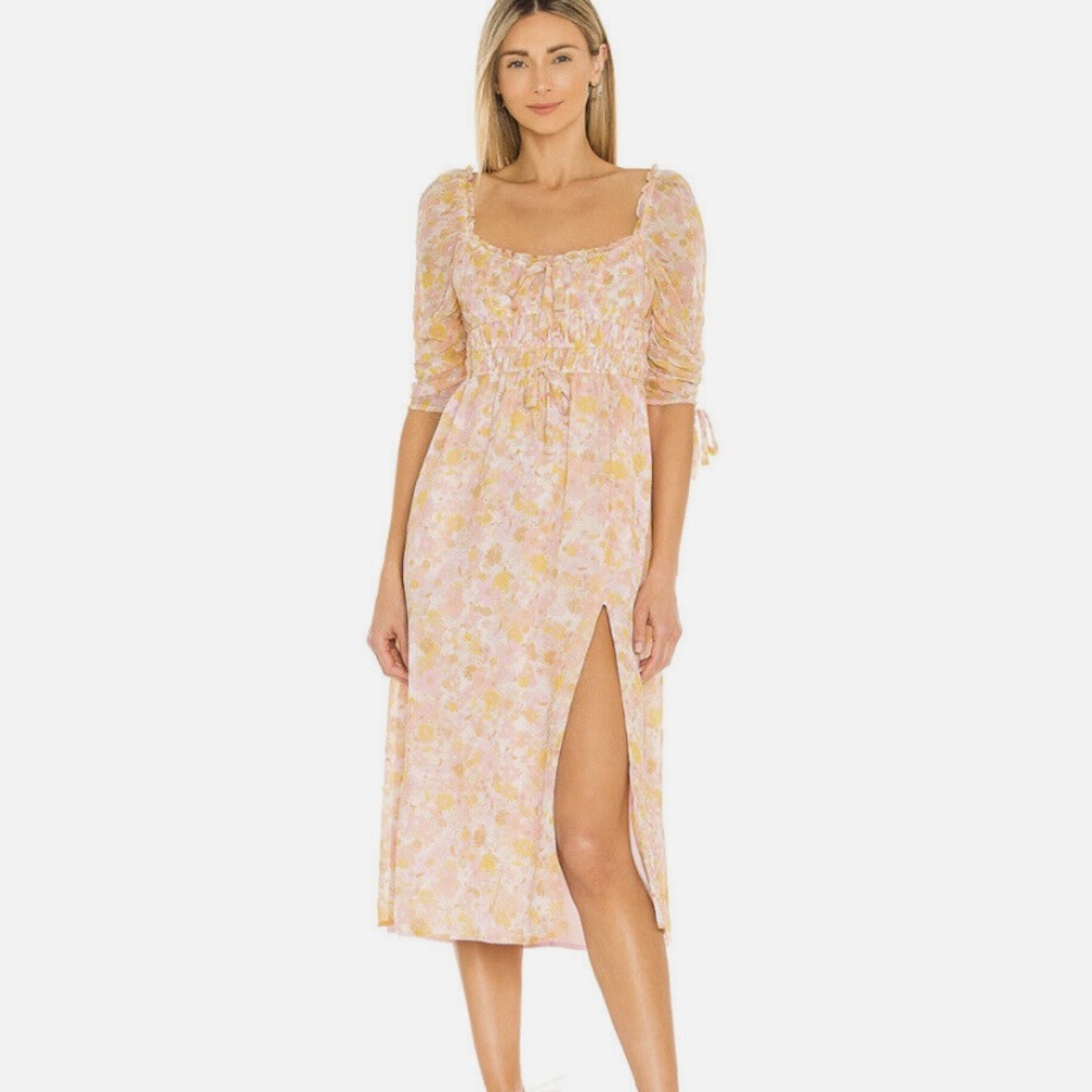 For Love and Lemons Eden Pink Floral Puff Sleeve Midi Dress - Picture 3 of 7